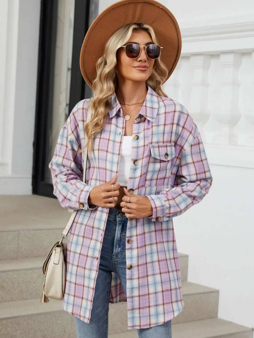 Plaid Collared Neck Long Sleeve Shirt - Trendsi - Flyclothing LLC