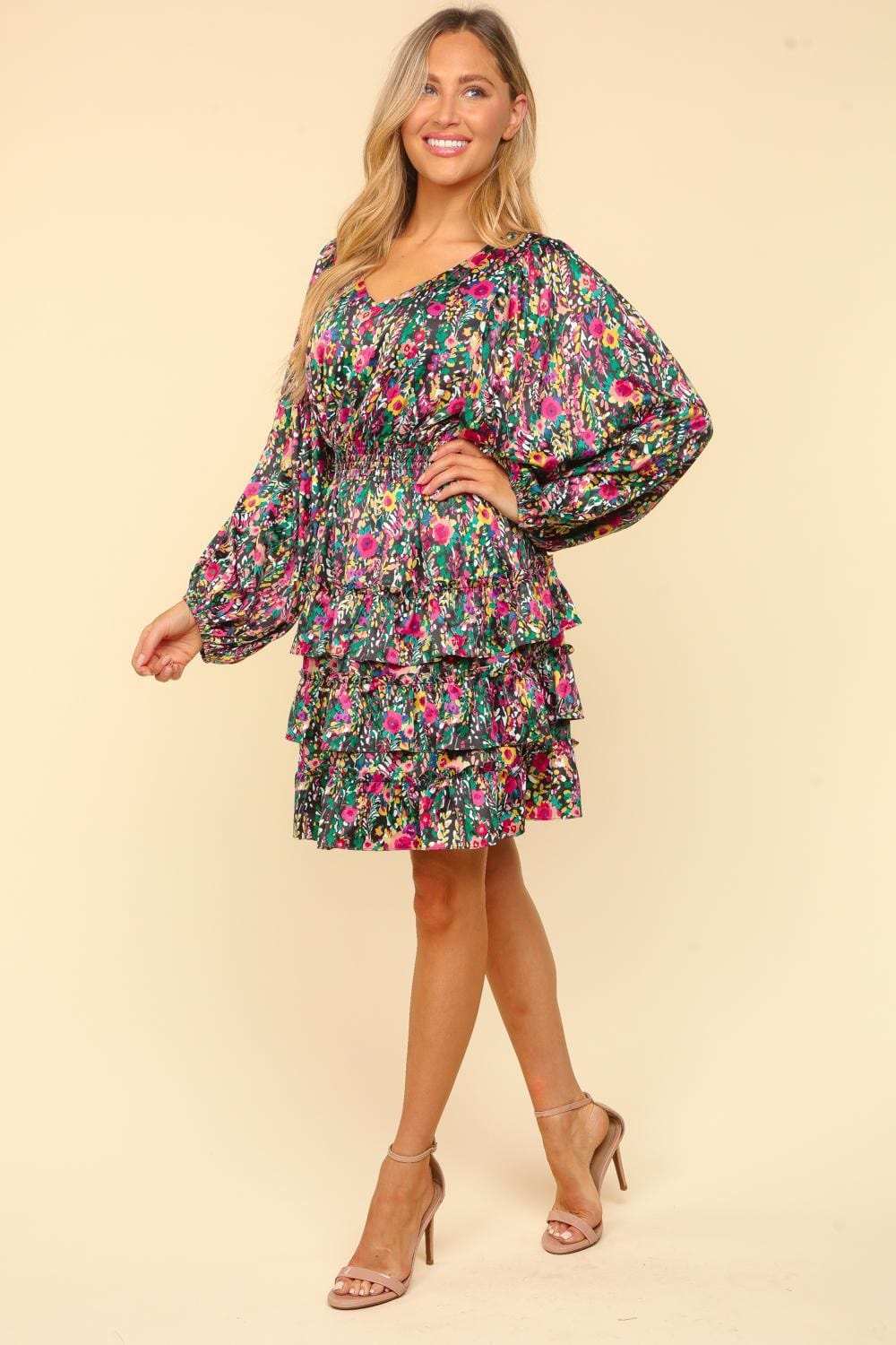 Haptics V-Neck Satin Floral Layered Dress - Trendsi - Flyclothing LLC