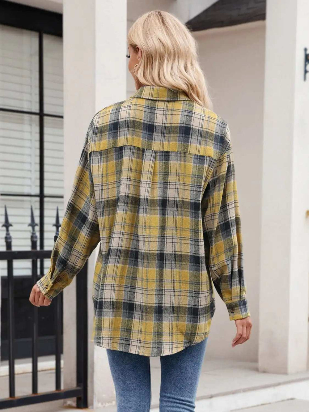 Pocketed Plaid Collared Neck Long Sleeve Shirt - Trendsi - Flyclothing LLC