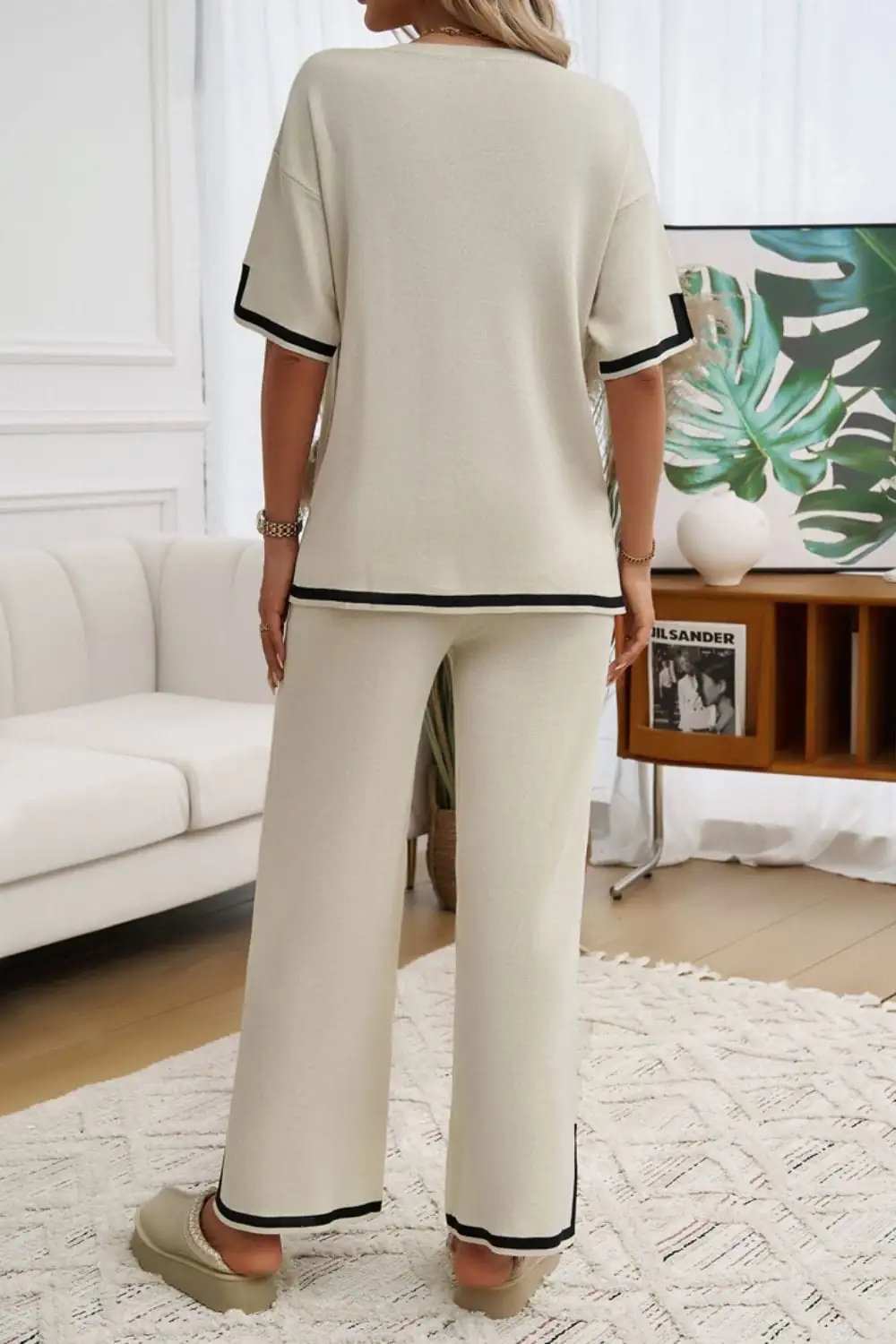 Devine Contrast Trim Half Sleeve Top and Pants Set - Trendsi - Flyclothing LLC