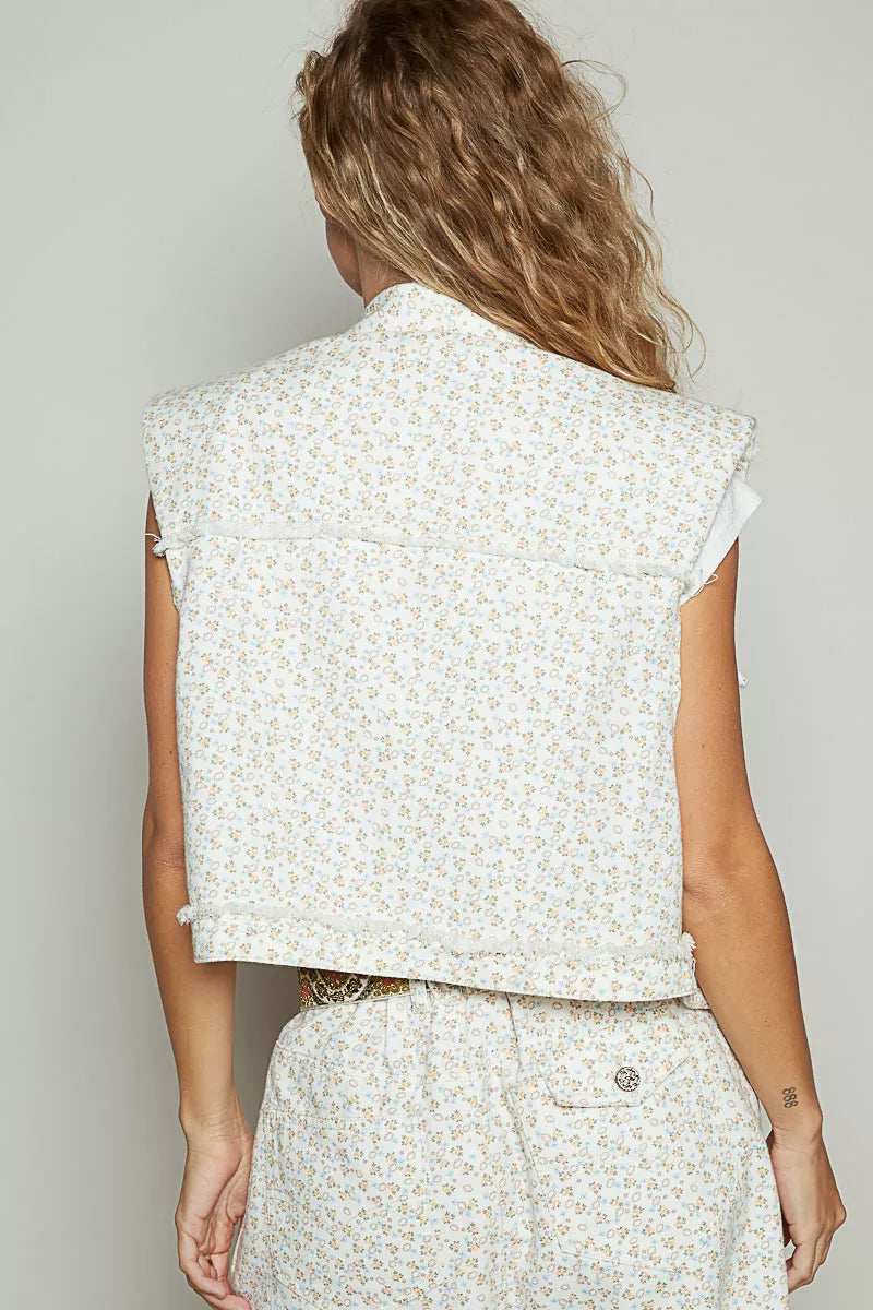 POL Assymetrical Front Closure Raw Hem Floral Denim Vest - Trendsi - Flyclothing LLC