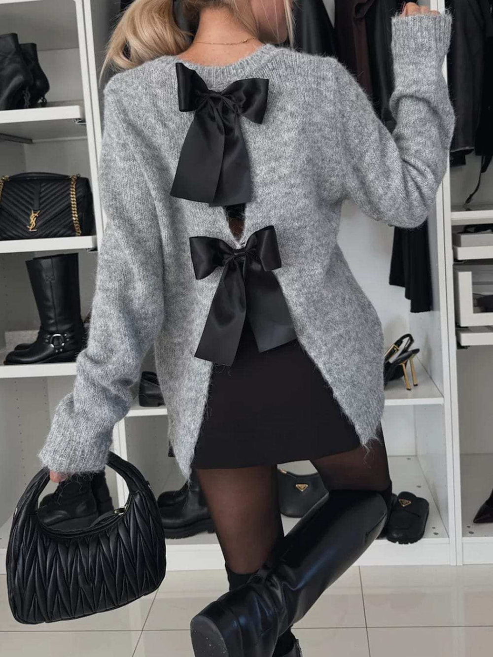 Bow Slit Back Round Neck Sweater - Trendsi - Flyclothing LLC