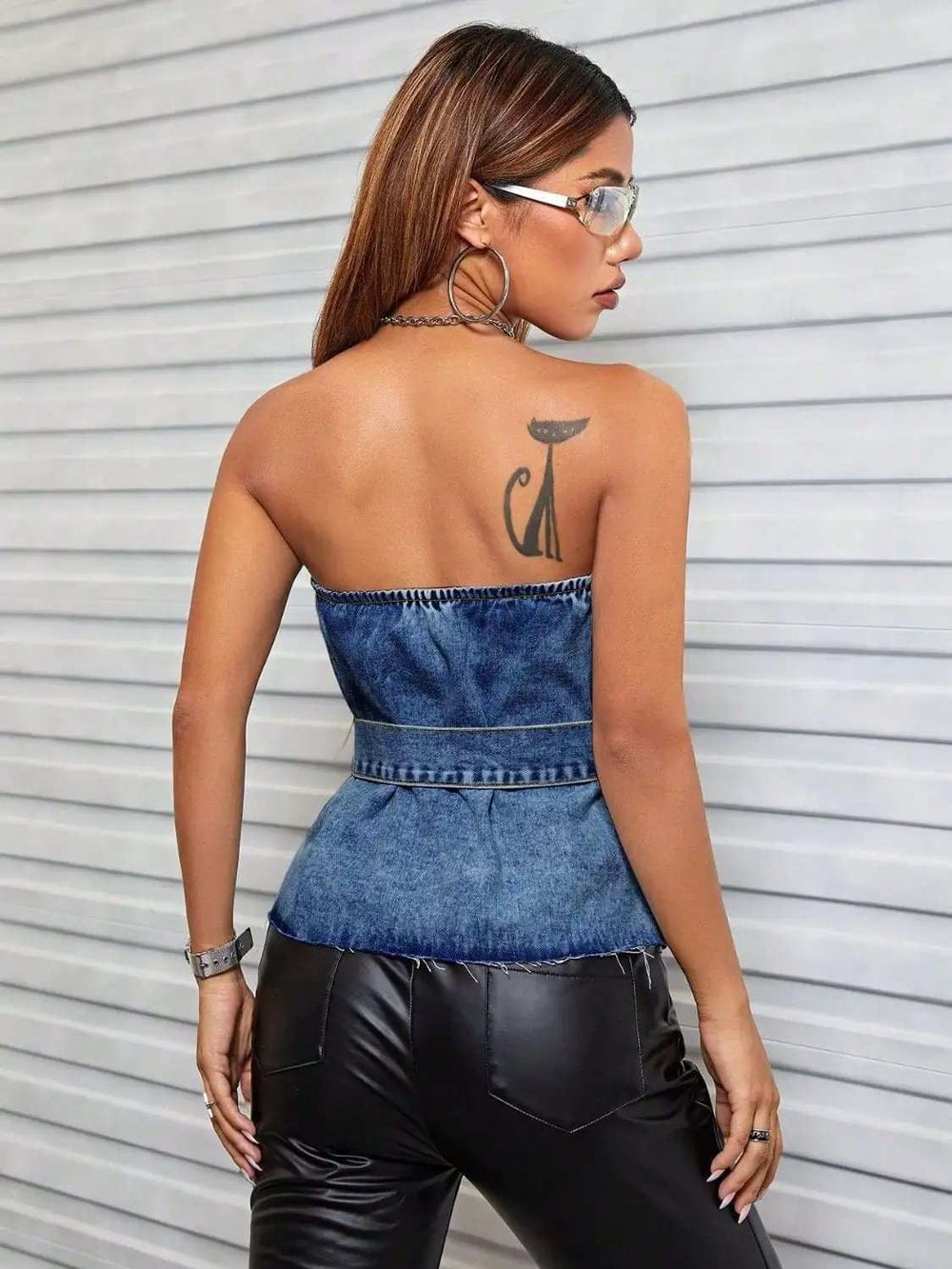 Buttoned Raw Hem Tube Denim Top - Trendsi - Flyclothing LLC