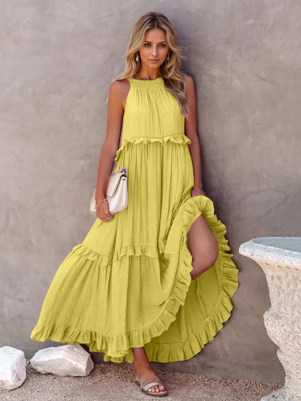 Ruffled Sleeveless Tiered Maxi Dress with Pockets - Trendsi - Flyclothing LLC