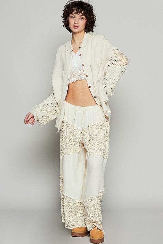 POL Openwork Lantern Sleeve Button Down Gauze Shirt - Trendsi - Flyclothing LLC