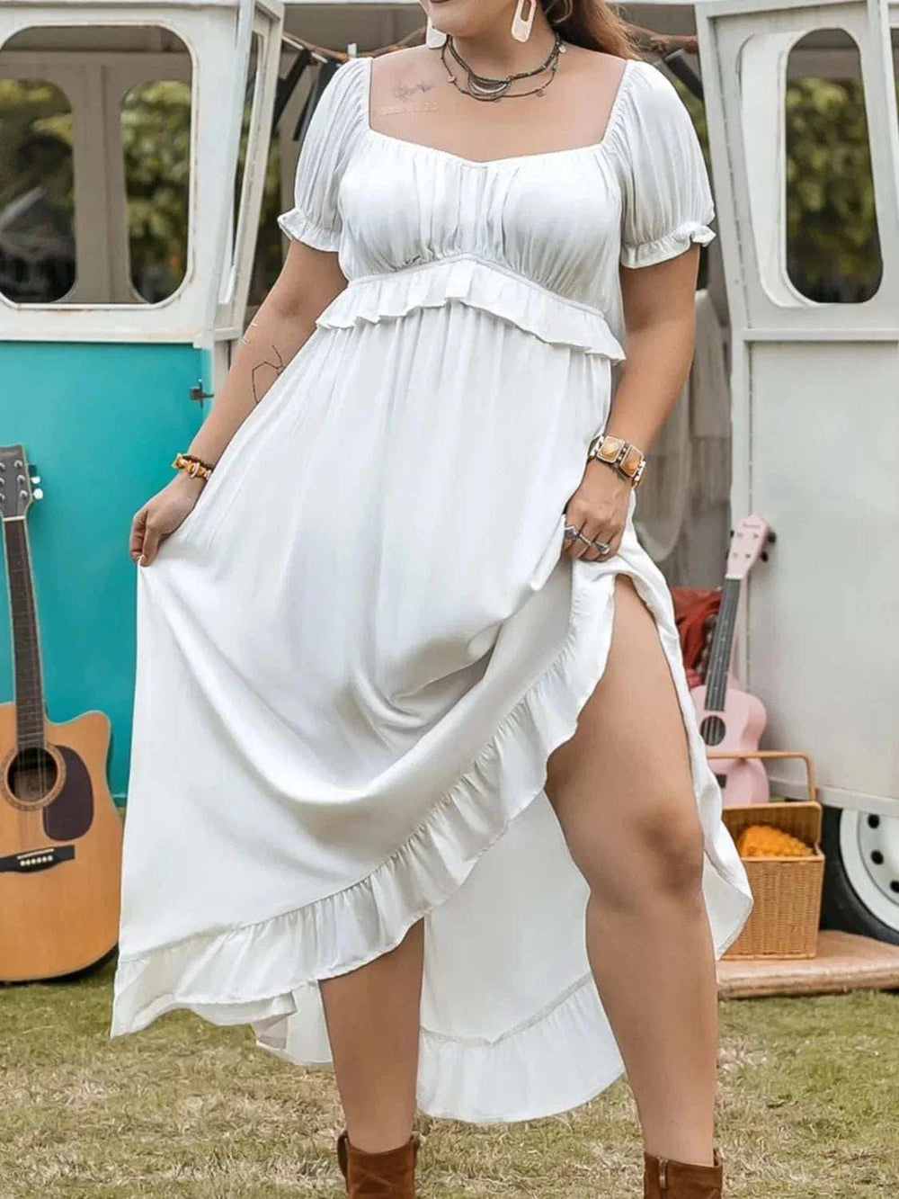 Plus Size Ruffled Hem Off-Shoulder Dress - Trendsi - Flyclothing LLC
