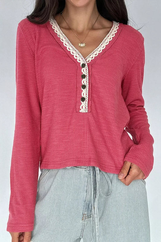 Lace Trim Ribbed Knit Henley Blouse - Trendsi - Flyclothing LLC