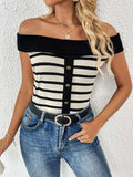 Decorative Button Striped Off-Shoulder Knit Top - Trendsi - Flyclothing LLC