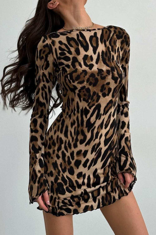 Backless Leopard Long Sleeve Mini Dress - Trendsi - Flyclothing LLC