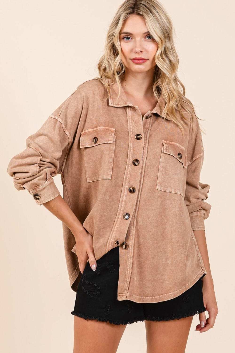 Mittoshop Mineral Wash French Terry Elbow Patch Shacket - Trendsi - Flyclothing LLC