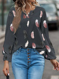 Feather Print Notched Balloon Sleeve Top - Trendsi - Flyclothing LLC