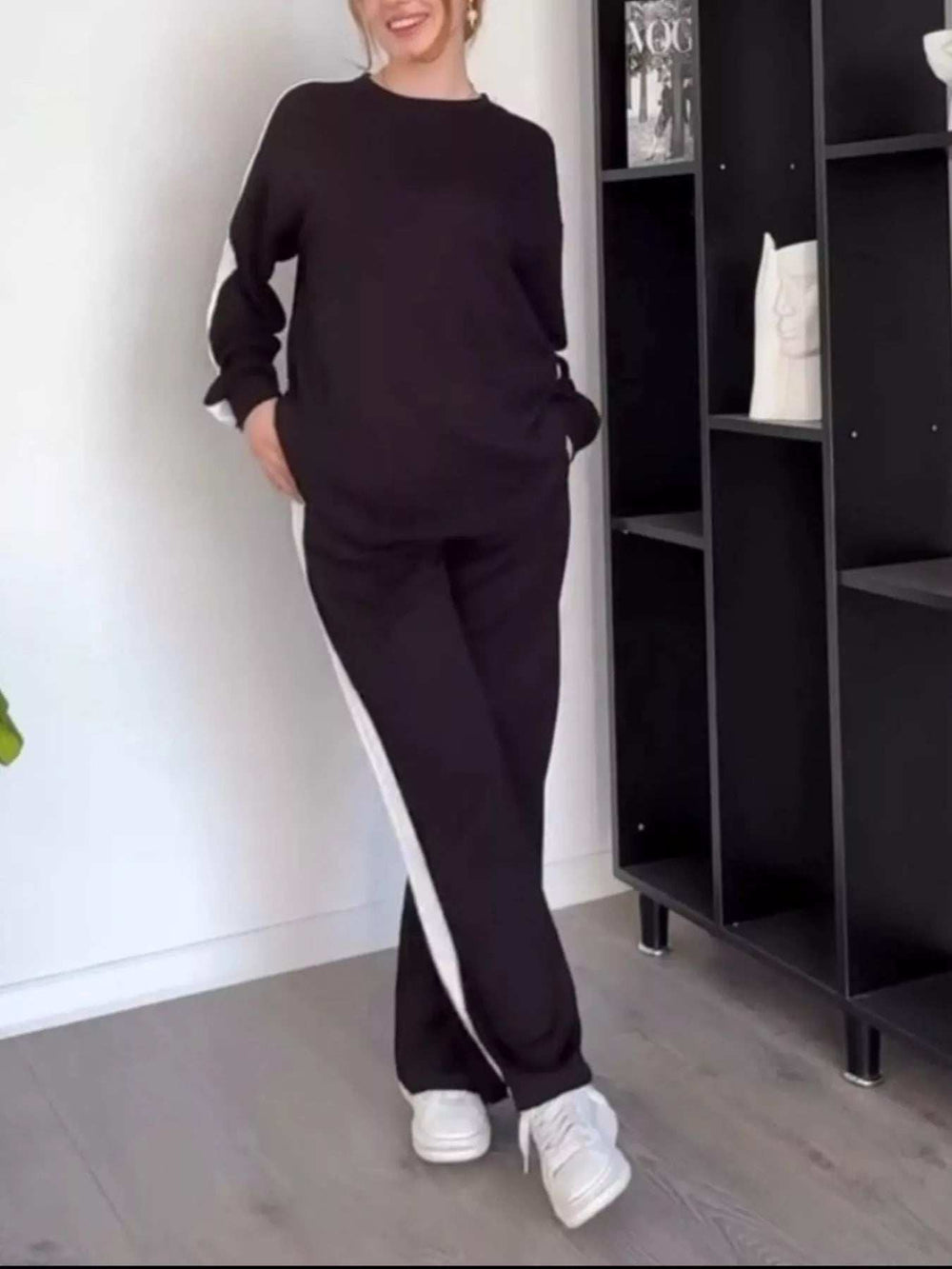 Full Size Contrast Round Neck Top and Pants Set Plus Size - Trendsi - Flyclothing LLC