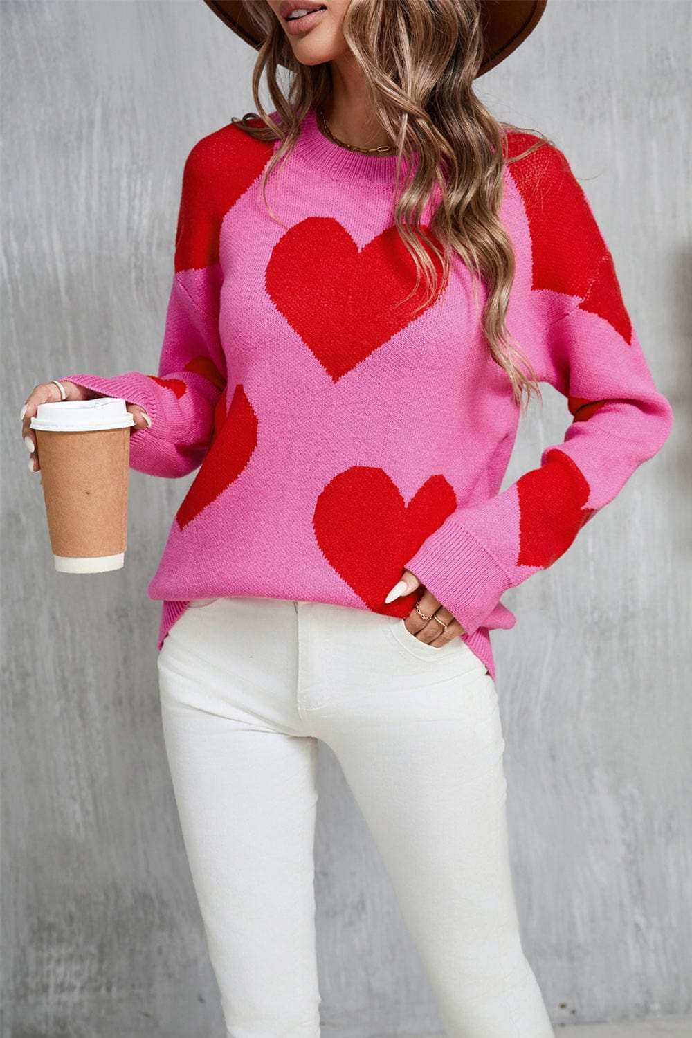 Angel Wings Contrast Heart Dropped Shoulder Long Sleeve Sweater - Trendsi - Flyclothing LLC