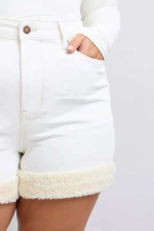 Judy Blue Full Size High Waist Shearling Cuff Denim Shorts Plus Size - Trendsi - Flyclothing LLC