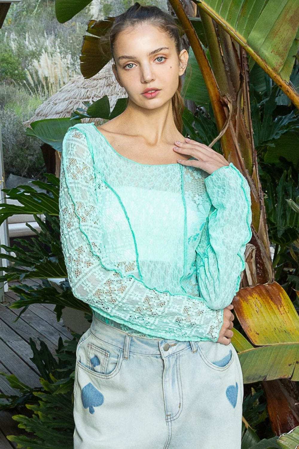POL Exposed Seam Long Sleeve Lace Knit Top - Trendsi - Flyclothing LLC