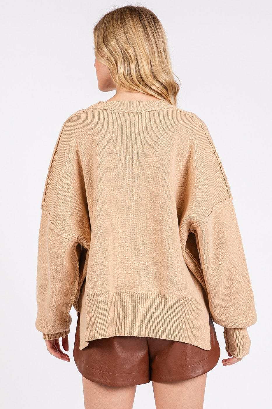 Mittoshop Side Slit Round Neck Drop Shoulder Sweater - Trendsi - Flyclothing LLC
