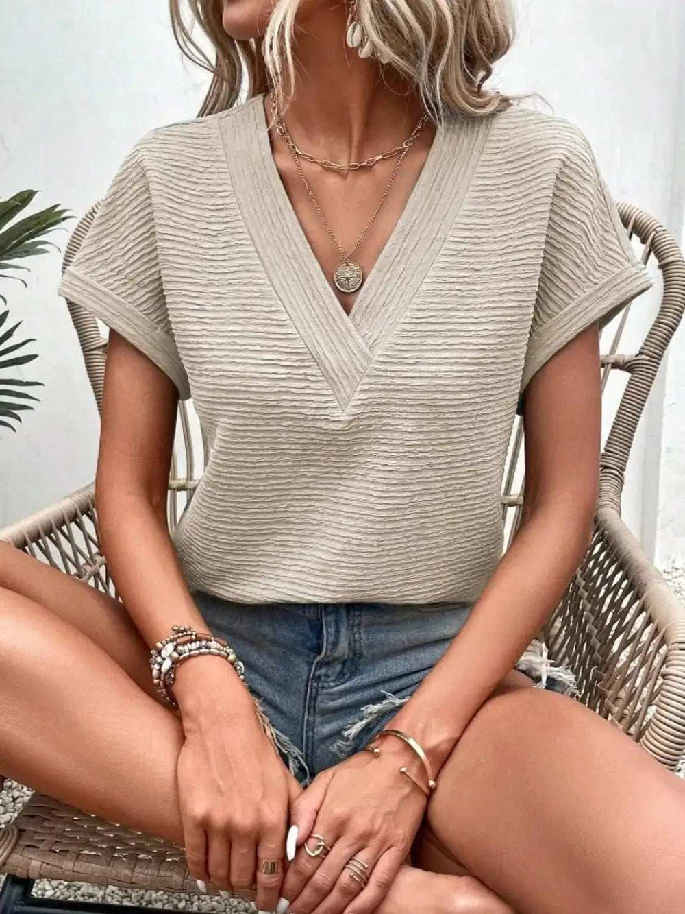 Textured Solid Color Short Sleeve Top - Trendsi - Flyclothing LLC