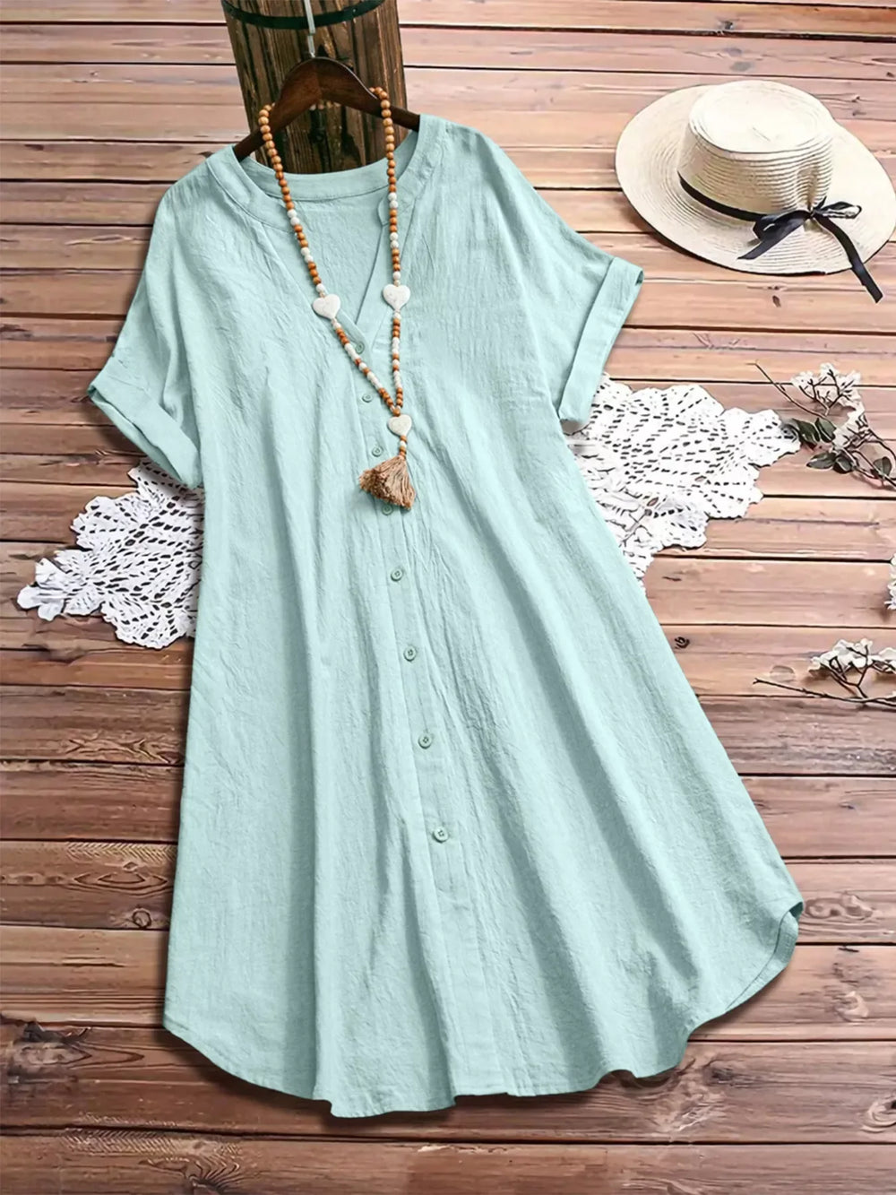 Plus Size Casual Button-Down Short Sleeve Dress - Trendsi - Flyclothing LLC