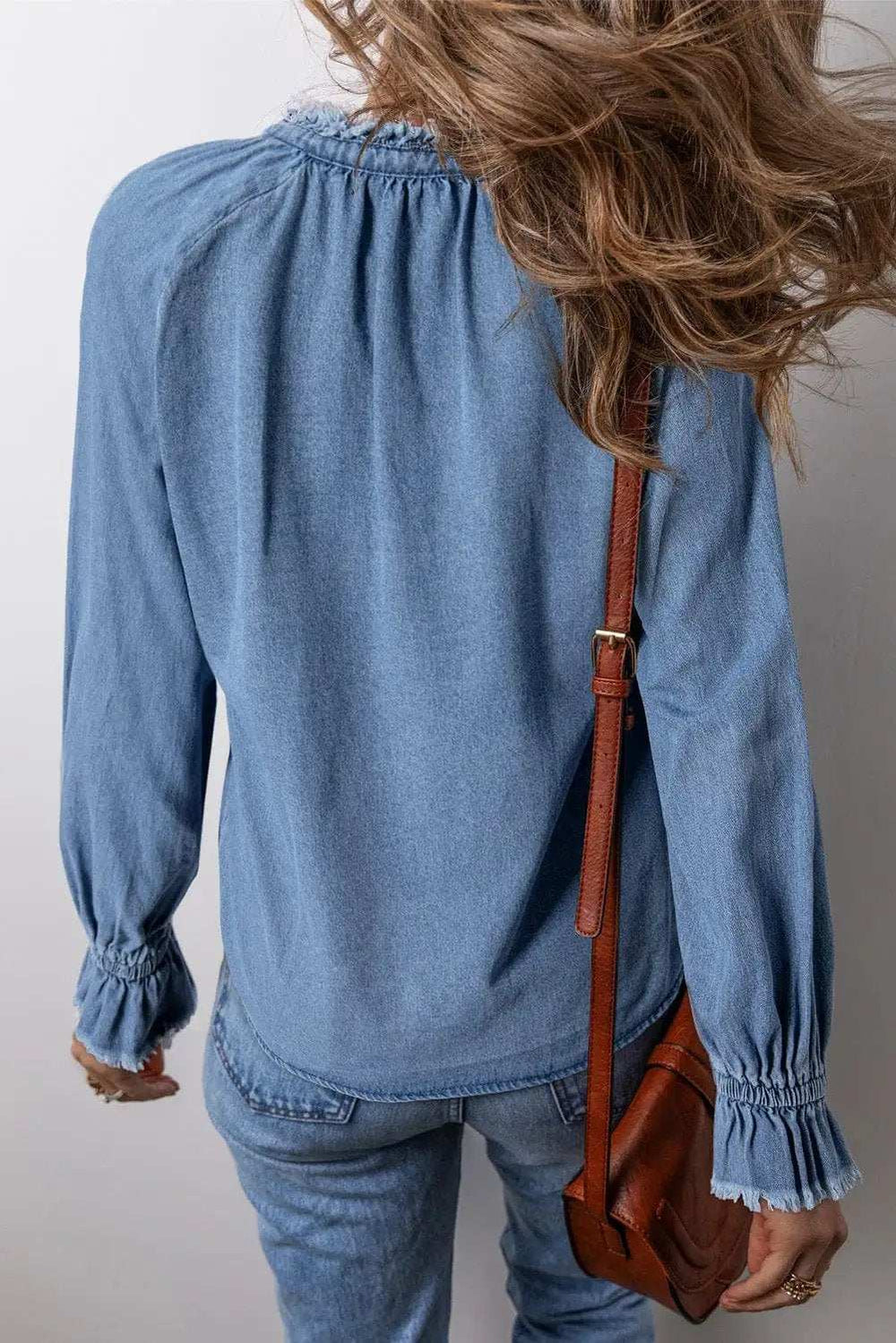 Half Button Long Sleeve Denim Top - Trendsi - Flyclothing LLC