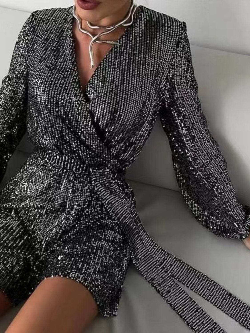 Full Size Sequin Surplice Tie Waist Long Sleeve Romper - Trendsi - Flyclothing LLC