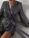 Full Size Sequin Surplice Tie Waist Long Sleeve Romper - Trendsi - Flyclothing LLC