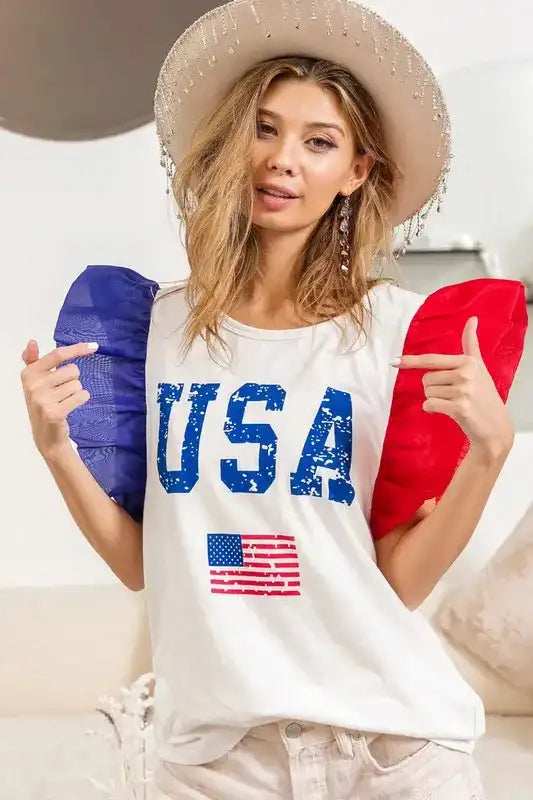 BiBi USA Theme Color Block Organza Ruffle Sleeve Top - Trendsi - Flyclothing LLC