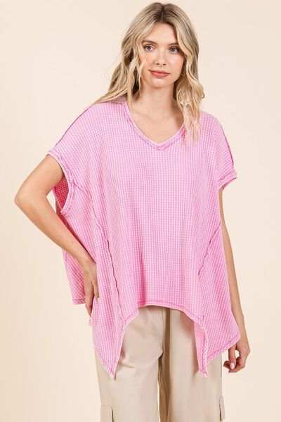 Mittoshop Mineral Wash Waffle Knit Pointed Hem Oversized Top - Trendsi - Flyclothing LLC