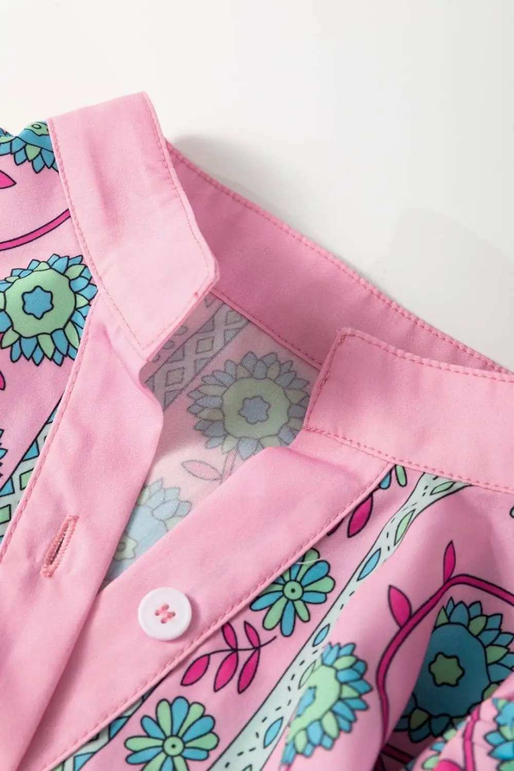 Printed Shirred Sleeve Buttoned Front Midi Dress with Sash - Trendsi - Flyclothing LLC