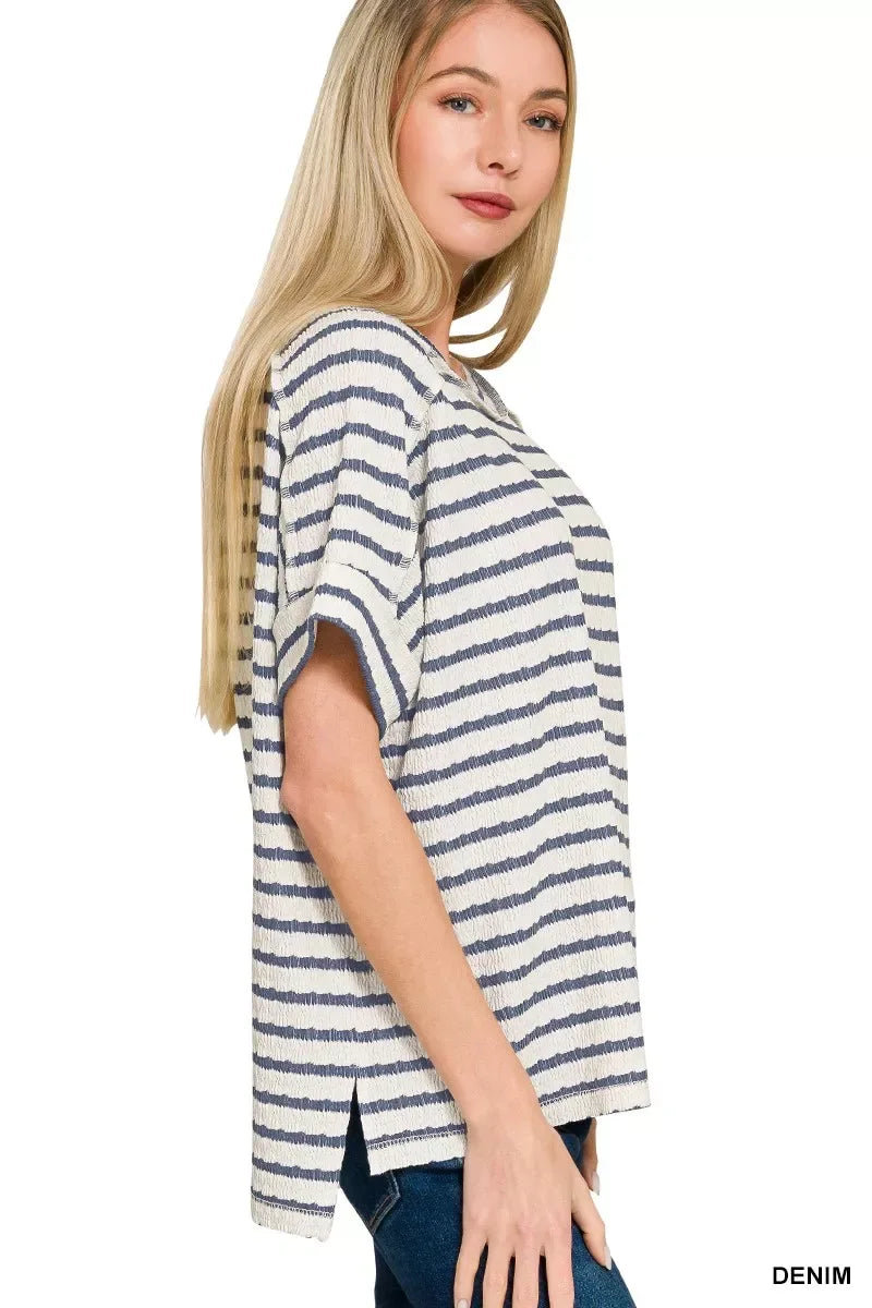 Zenana Striped Short Sleeve Hi-low Tee - Trendsi - Flyclothing LLC