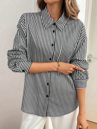 Cutout Bow Back Striped Collared Neck Long Sleeve Shirt - Trendsi - Flyclothing LLC