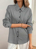 Cutout Bow Back Striped Collared Neck Long Sleeve Shirt - Trendsi - Flyclothing LLC