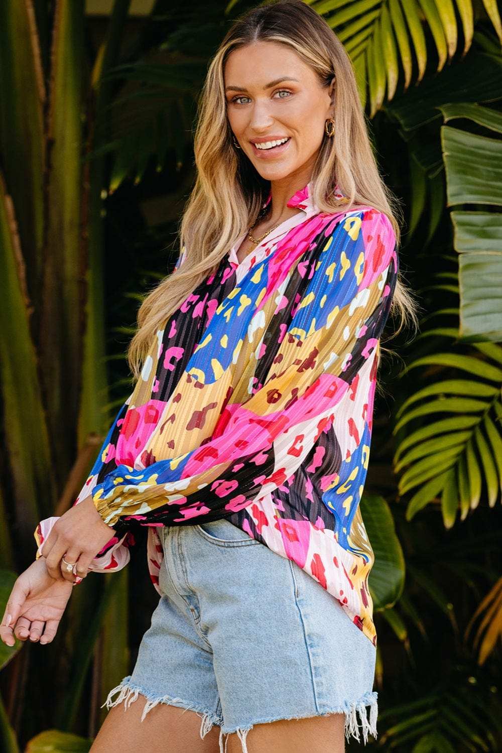 Printed Notched Long Sleeve Blouse - Trendsi - Flyclothing LLC