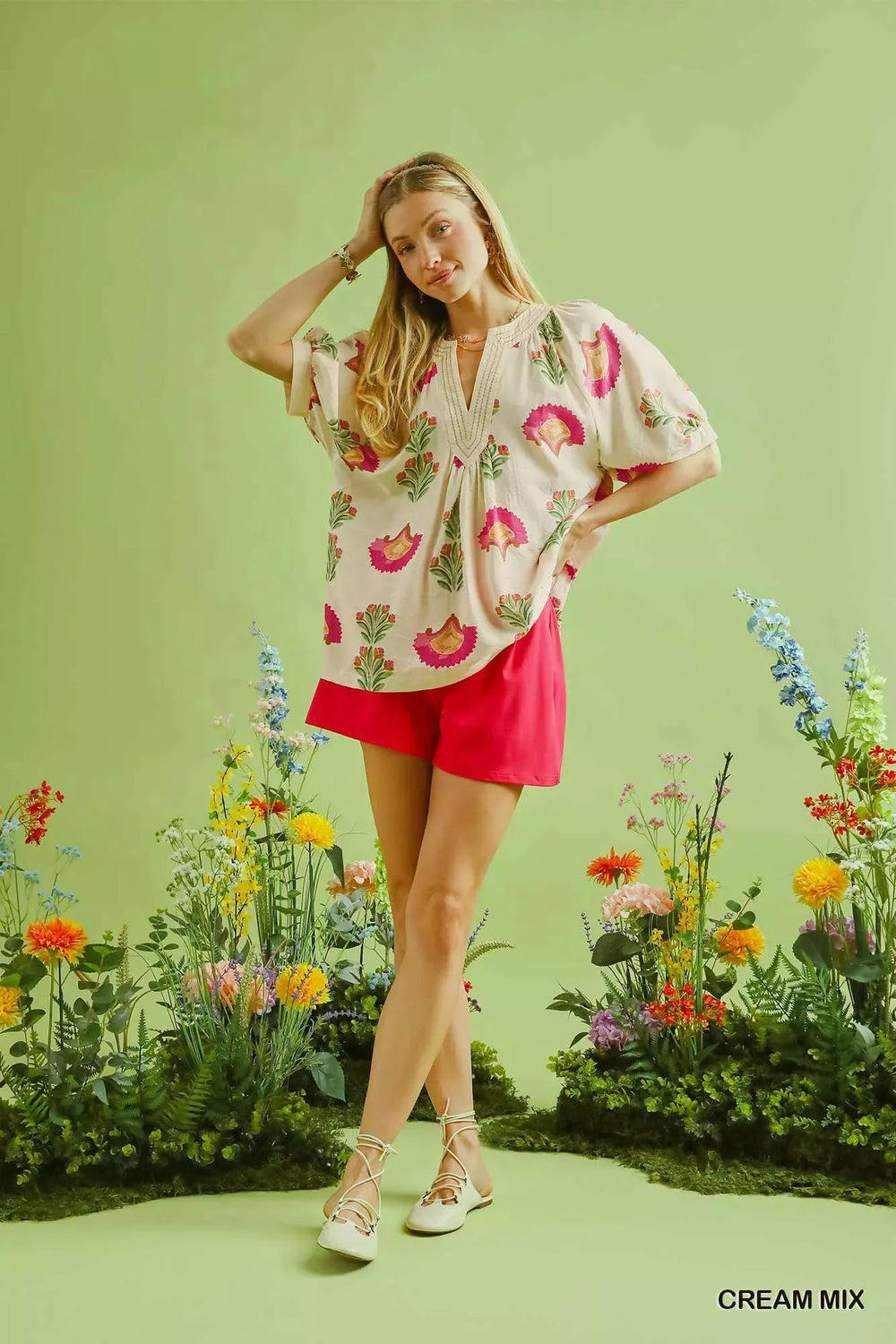 Umgee Abstract Print Blouse with Ruched Detail - Trendsi - Flyclothing LLC