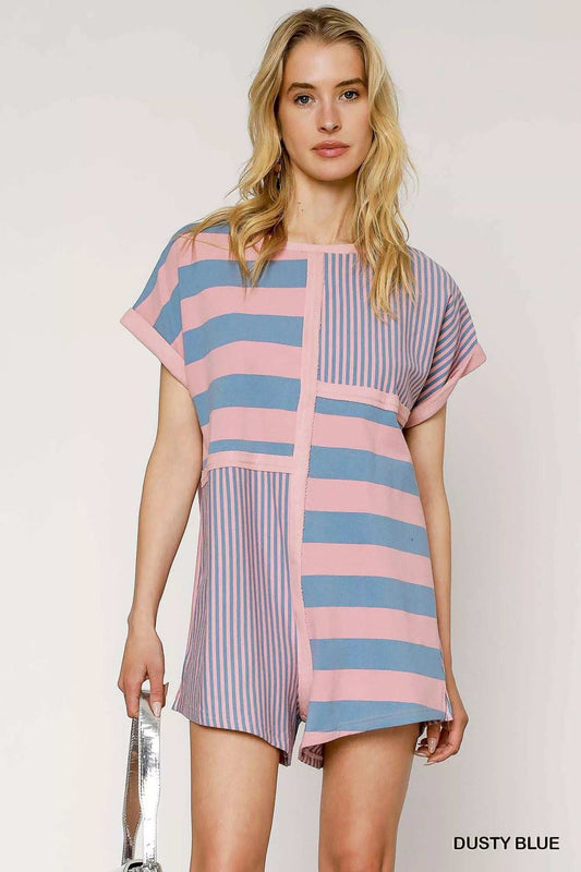 Umgee Mixed Striped Short Sleeve Romper - Trendsi - Flyclothing LLC