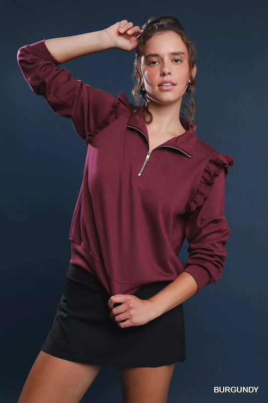 Umgee Luxeknit Ruffle Shoulder Quarter-Zip Sweatshirt - Trendsi - Flyclothing LLC