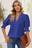 Smocked Flounce Sleeve Notched Neck Blouse - Trendsi - Flyclothing LLC