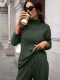 Ribbed Turtleneck Dropped Shoulder Top and Pants Sweater Set - Trendsi - Flyclothing LLC