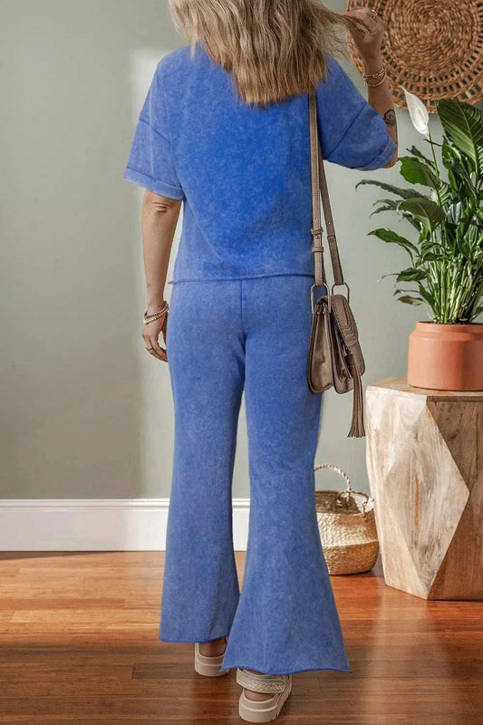 Acid Wash Star Patched Rolled Trim Top and Pants Set - Trendsi - Flyclothing LLC