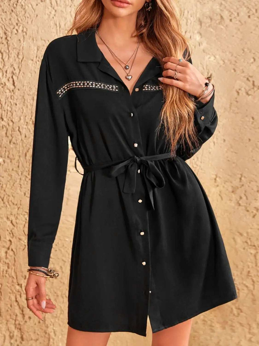 Collared Neck Long Sleeve Mini Dress - Trendsi - Flyclothing LLC