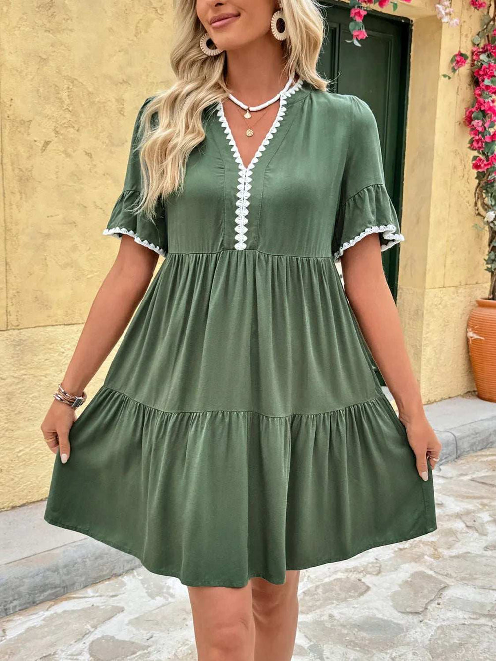 Lace Detail Notched Flounce Sleeve Mini Dress - Trendsi - Flyclothing LLC