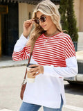 Slit Contrast Striped Long Sleeve Sweatshirt - Trendsi - Flyclothing LLC