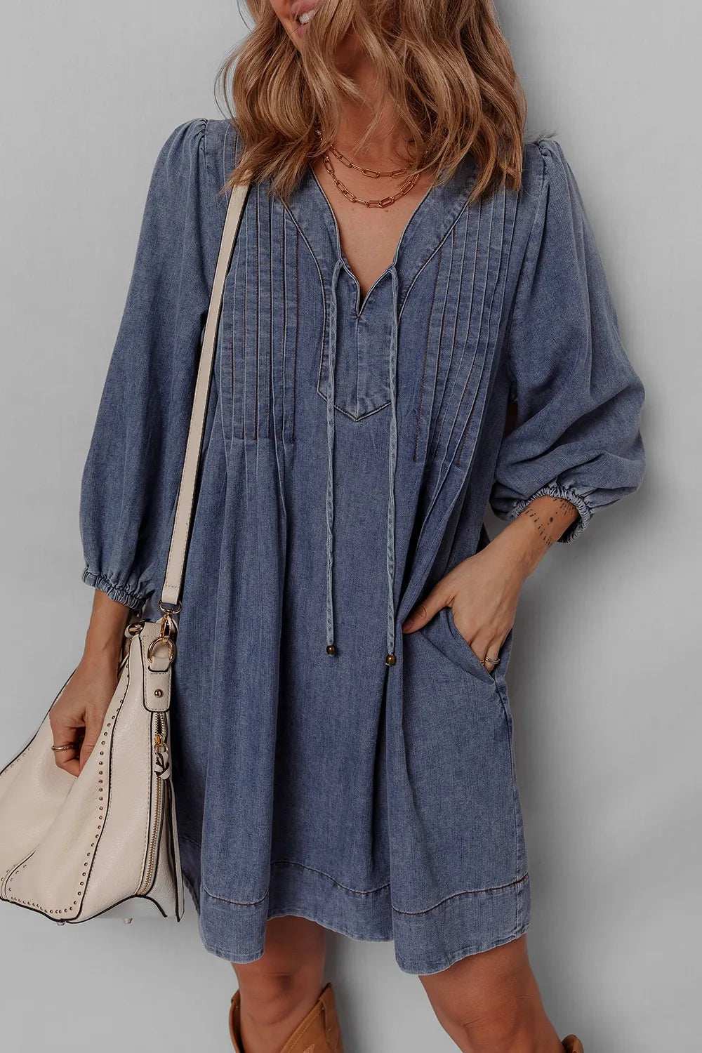 Tie Neck Long Sleeve Mini Denim Dress - Trendsi - Flyclothing LLC