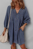 Tie Neck Long Sleeve Mini Denim Dress - Trendsi - Flyclothing LLC
