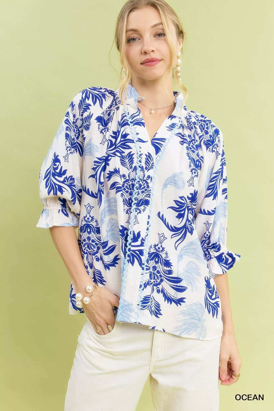 Umgee Leafy Damask Print Blouse with Contrast Scalloped Trim Detail - Trendsi - Flyclothing LLC