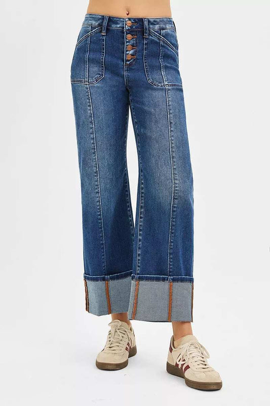 RISEN Full Size High Rise Crop Wide Straight Cuffed Jeans Plus Size - Trendsi - Flyclothing LLC