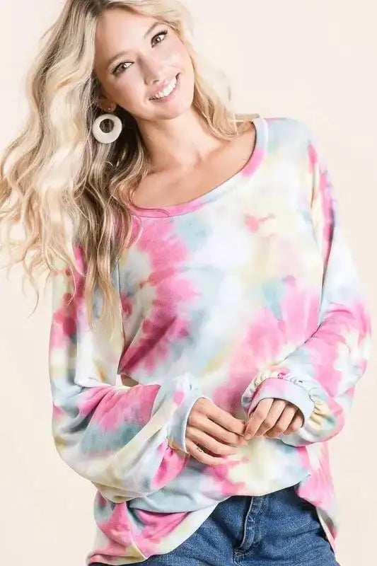 BiBi Tie Dye Print Terry Top With Puff Sleeves - Trendsi - Flyclothing LLC