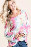 BiBi Tie Dye Print Terry Top With Puff Sleeves - Trendsi - Flyclothing LLC