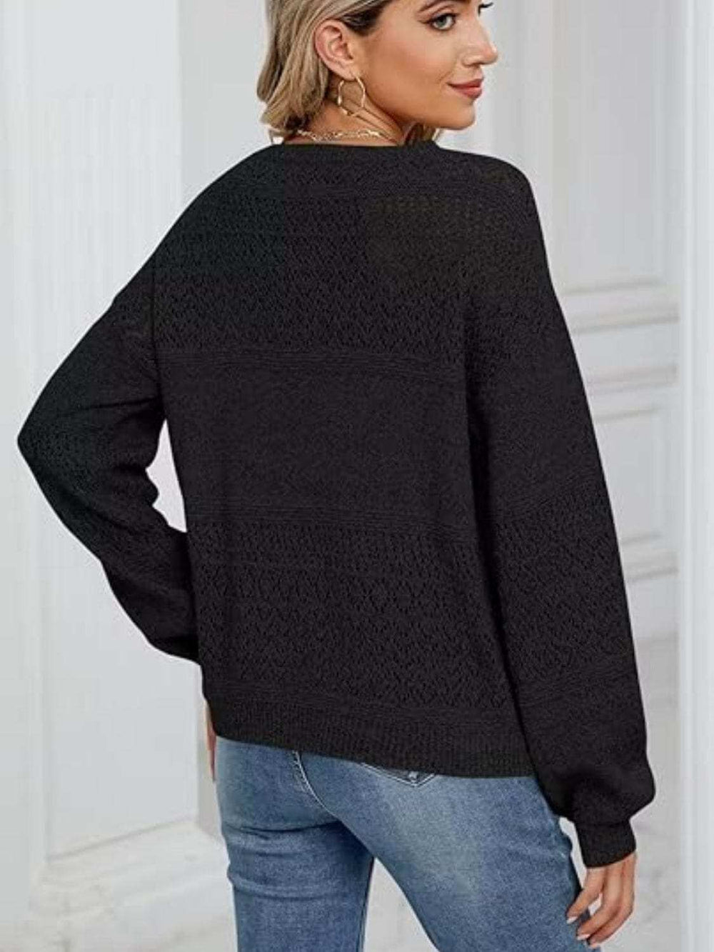 Eyelet V-Neck Long Sleeve Sweater - Trendsi - Flyclothing LLC