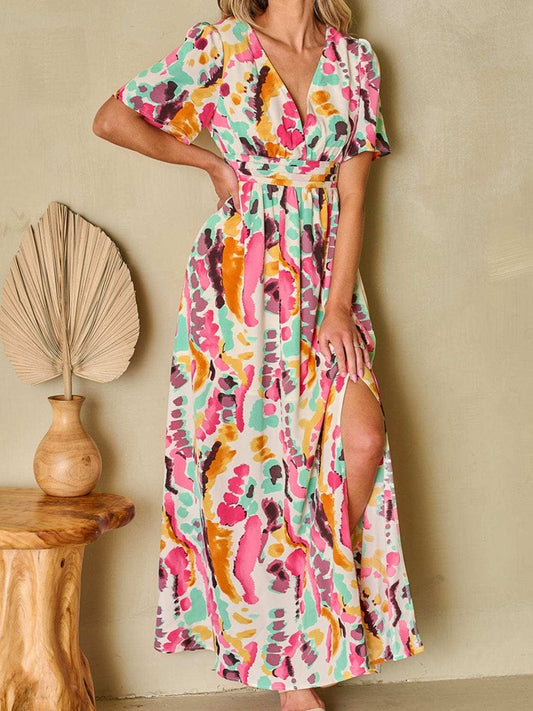 Slit Printed Surplice Short Sleeve Maxi Dress - Trendsi - Flyclothing LLC