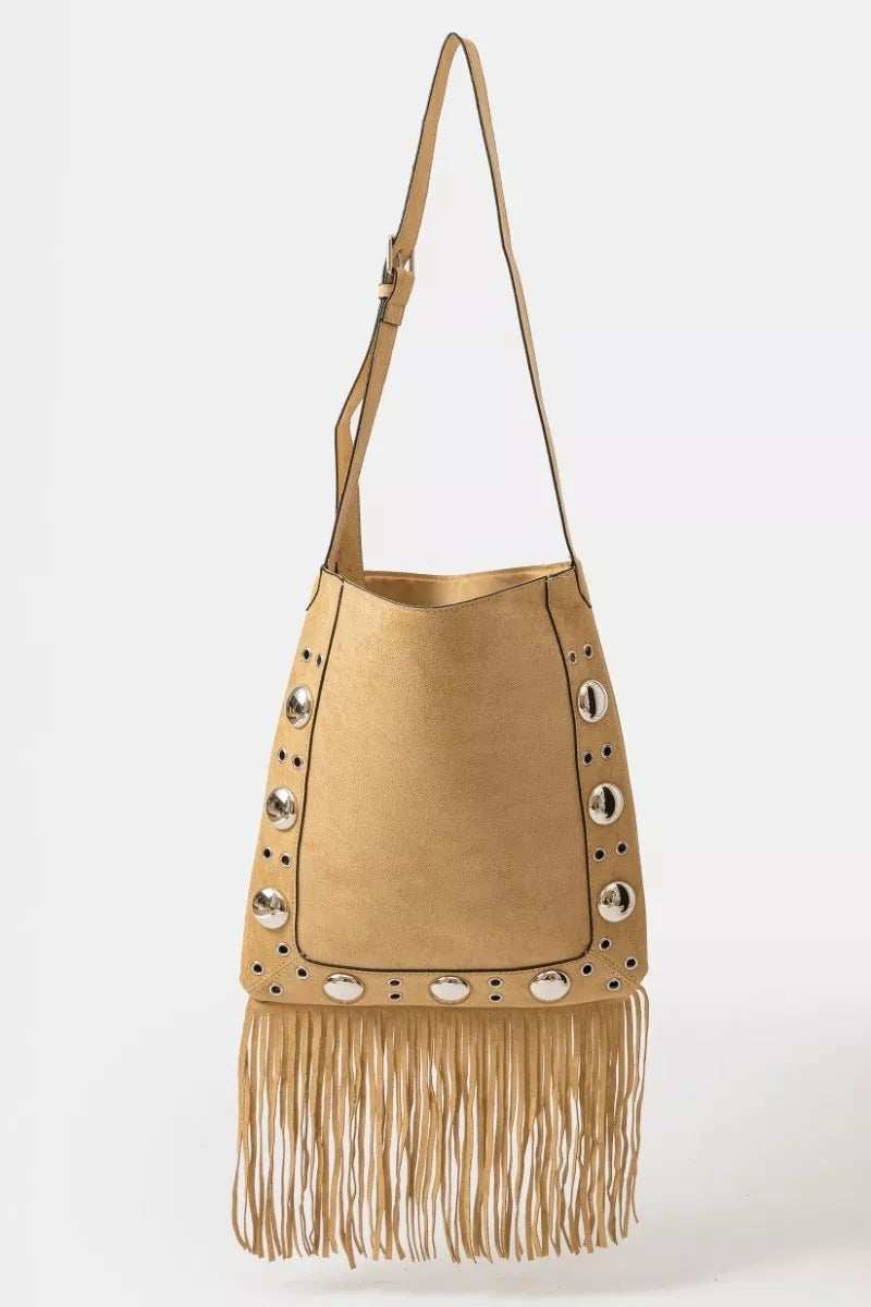 Fame Faux Suede Grommet Accent Fringe Tote Bag - Trendsi - Flyclothing LLC
